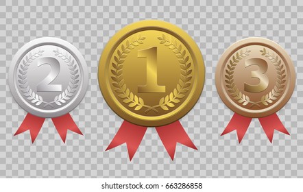 Champion gold, silver and bronze award medals with red ribbons