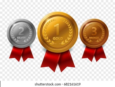 Champion gold, silver and bronze award medals with red ribbons set, on transparent background. Vector Illustration