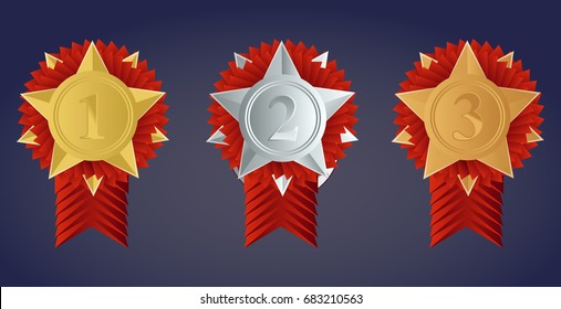 Champion gold, silver and bronze award medals with red ribbons