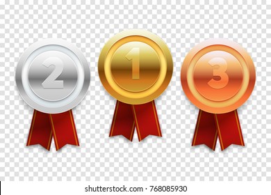Champion gold, silver and bronze award medals with red ribbons. Vector illustration