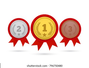 Champion Gold, Silver and Bronze Award Medals With Red Ribbons. Vector Illustration