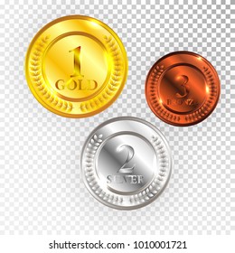 Champion Gold, Silver and Bronze Medal Icon Sign First, Second and Third Place Collection Set Isolated on Transparent Background. Vector Illustration.