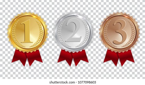 Champion Gold, Silver and Bronze Medal with Red Ribbon Icon Sign First, Secondand Third Place Collection Set Isolated on Transparent Background. Vector Illustration EPS10