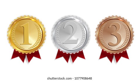 Champion Gold, Silver and Bronze Medal with Red Ribbon Icon Sign First, Secondand Third Place Collection Set Isolated on White Background. Vector Illustration EPS10