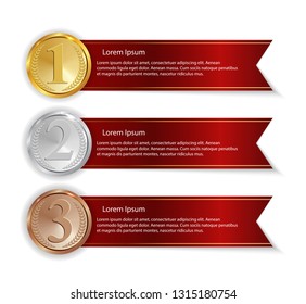 Champion Gold, Silver and Bronze Medal with Red Ribbon Icon Sign First, Secondand Third Place Collection Set Isolated on White Background. Vector Illustration EPS10