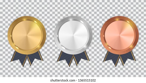 Champion Gold, Silver and Bronze Medal with Blue Ribbon. Icon Sign of First, Second  and Third Place Isolated on Transparent Background. Vector Illustration EPS10