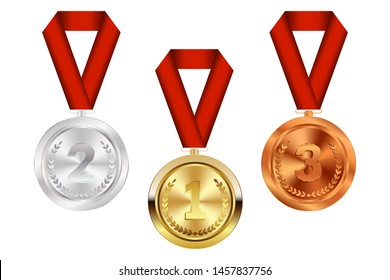 Champion Gold, Silver and Bronze Medal with Red Ribbon Icon Sign First, Secondand Third Place Collection Set Isolated