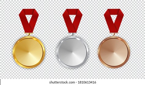 Champion Gold, Silver and Bronze Medal with Red Ribbon Icon Sign First, Secondand Third Place Collection Set Isolated on White Background. Vector Illustration EPS10
