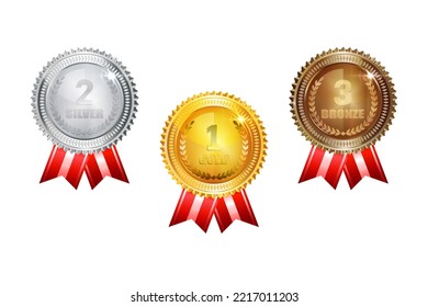 Champion Gold, Silver and Bronze Medal with Red Ribbon Icon Sign First, Secondand Third Place Collection Set Isolated