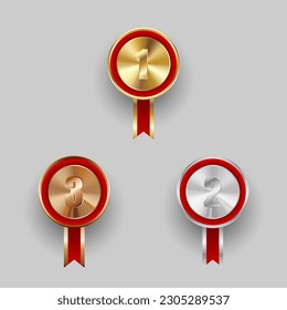 Champion Gold, Silver and Bronze Medal with Red Ribbon Icon Sign First, Secondand Third Place Collection Set Isolated on White Background