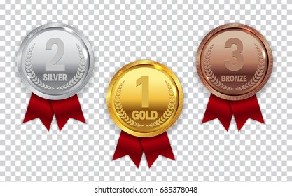 Champion Gold, Silver and Bronze Medal with Red Ribbon Icon Sign First, Second and Third Place Collection Set Isolated on Transparent Background. Vector Illustration EPS10