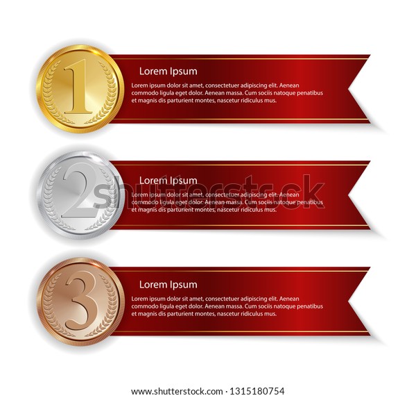 Champion Gold, Silver and\
Bronze Medal with Red Ribbon Icon Sign First, Secondand Third Place\
Collection Set Isolated on White Background. Vector Illustration\
EPS10