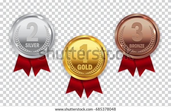Champion Gold,\
Silver and Bronze Medal with Red Ribbon Icon Sign First, Second and\
Third Place Collection Set Isolated on Transparent Background.\
Vector Illustration\
EPS10