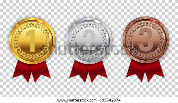 透明な背景にチャンピオンの金 銀 銅メダルと赤いリボンのアイコン記号付き 1位 2位 3位のコレクションセット ベクターイラスト Eps10 のベクター画像素材 ロイヤリティフリー