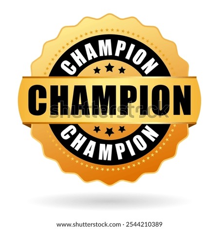 Champion gold vector emblem isolated on white background. Top rated number one person or product, great achievement badge.