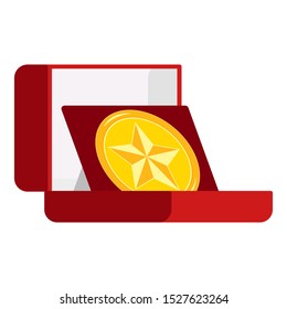 Champion golden round shape medal decorated with star in open red velvet box isolated on white background. Vector flat design cartoon style illustration. Icon leader sign first place. 