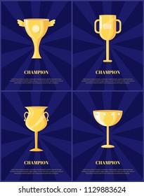 Champion golden trophy cup vector illustration. Shiny award, goblet with wings, jewel and handles, labels isolated on blue rewarding icons set, sport theme