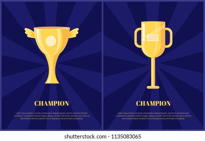 Champion golden trophy cup vector illustration. Shiny award, goblet with wings, handles and labels isolated on blue, rewarding icon, sport theme.