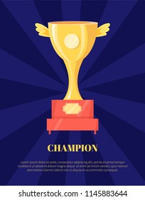 Champion golden trophy cup vector illustration. Shiny award, goblet with wings on pedestal isolated on blue, rewarding icon, poster in cartoon style