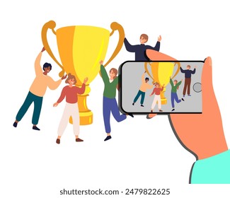 Champion cup. Hand holding smartphone and take a photo of Group of young joyful people with champion cup. Successful teamwork. Flat vector illustration.