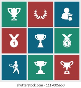 Champion icon. collection of 9 champion filled icons such as trophy, tennis playing, olive wreath, man with medal, number 1 medal. editable champion icons for web and mobile.
