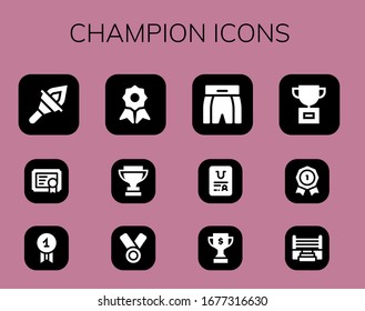 champion icon set. 12 filled champion icons. Included Torch, Certificate, Quality, Trophy, Medal, Boxing shorts, Insignia, Boxing ring icons