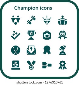  champion icon set. 16 filled champion icons. Simple modern icons about  - Foosball, Sport, Quality, Beer pong, Success, Trophy, Boxer, Winner, Tennis ball, Certificate, Award