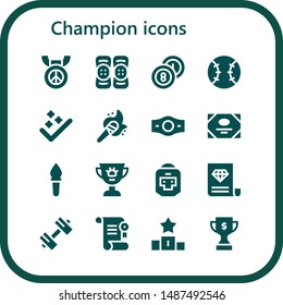 champion icon set. 16 filled champion icons.  Collection Of - Medal, Kneepad, Billiards, Tennis, Success, Torch, Champion belt, Certificate, Award, Boxer, Sport, Podium, Trophy