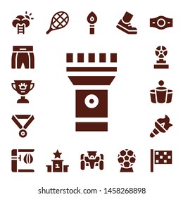 champion icon set. 17 filled champion icons.  Collection Of - Success, Boxing shorts, Award, Torch, Medal, Trophy, Beer pong, Punching bag, Tennis, Podium, Race car, Running, Champion belt