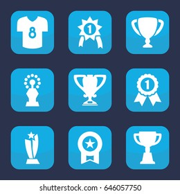 Champion icon. set of 9 filled champion icons such as trophy, football t shirt, number 1 medal