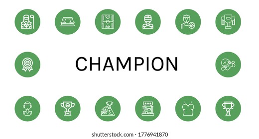 champion icon set. Collection of Golfer, Paper punch, Soccer field, Hockey player, Basketball player, Trophy, Success, Prizes, Top, Medal, Pool kickboard icons