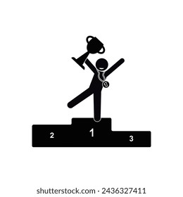 champion icon, winner stands on pedestal, man took first place and received medal and cup, isolated illustration