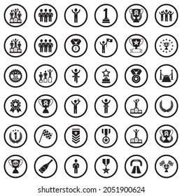 Champion Icons. Black Flat Design In Circle. Vector Illustration.