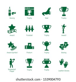 champion icons. Editable 16 champion icons. Included icons such as Boxing, Trophy, Seal, Award, Foosball, Award Symbol, Podium, Basketball player. champion trendy icons for web.