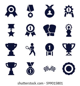 champion icons set. Set of 16 champion filled icons such as medal, trophy, tennis playing, finish flag, award, number 1 medal, medal with star