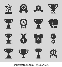 Champion icons set. set of 16 champion filled icons such as trophy, football t shirt, star trophy, number 1 medal, medal with star, medal