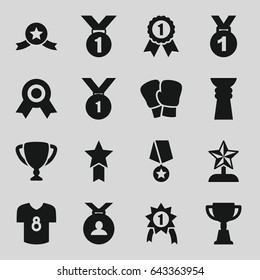 Champion icons set. set of 16 champion filled icons such as medal, trophy, football t shirt, star trophy, number 1 medal, medal with star