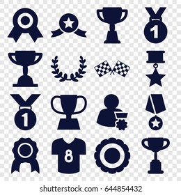 Champion icons set. set of 16 champion filled icons such as trophy, finish flag, football t shirt, award, olive wreath, man with medal, medal with star