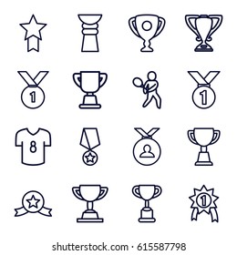 Champion icons set. set of 16 champion outline icons such as medal, trophy, tennis playing, football t shirt, number 1 medal