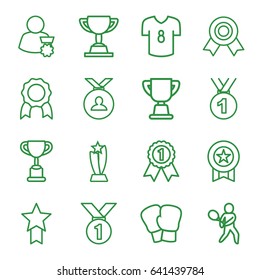 Champion icons set. set of 16 champion outline icons such as medal, trophy, tennis playing, football t shirt, man with medal