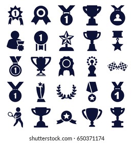 Champion icons set. set of 25 champion filled icons such as medal, trophy, tennis playing, finish flag, olive wreath, star trophy