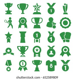 Champion icons set. set of 25 champion filled icons such as medal, trophy, tennis playing, football t shirt, award, star trophy, man with medal