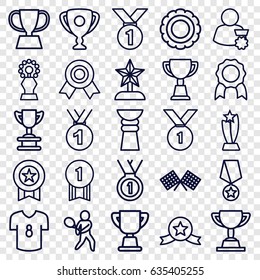 Champion icons set. set of 25 champion outline icons such as trophy, tennis playing, medal, finish flag, football t shirt, star trophy, man with medal