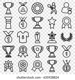 Champion Icons Set. Set Of 25 Champion Outline Icons Such As Medal, Trophy, Tennis Playing, Football T Shirt, Olive Wreath, Star Trophy, Man With Medal