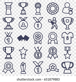 Champion icons set. set of 25 champion outline icons such as medal, trophy, tennis playing, finish flag, football t shirt, man with medal