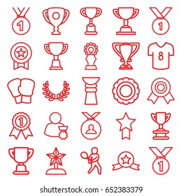 Champion icons set. set of 25 champion outline icons such as medal, trophy, tennis playing, football t shirt, olive wreath, star trophy, man with medal, boxing gloves