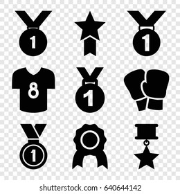 Champion icons set. set of 9 champion filled icons such as medal, football t shirt, number 1 medal, medal with star