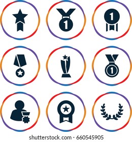 Champion icons set. set of 9 champion filled icons such as medal, olive wreath, trophy