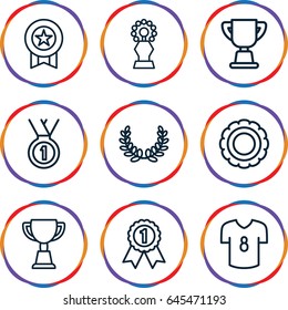 Champion icons set. set of 9 champion outline icons such as trophy, medal, football t shirt, olive wreath, number 1 medal