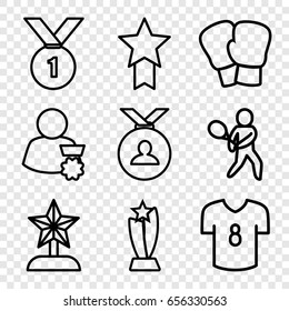 Champion icons set. set of 9 champion outline icons such as medal, tennis playing, football t shirt, trophy, star trophy, man with medal